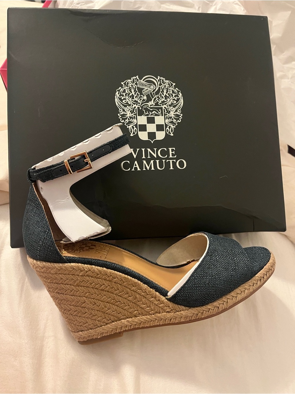 Vince Camuto Navy Espadrille Wedge Sandals with Jute Platform